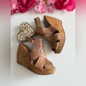 Brown Leather Mules with Wooden Wedge Heel